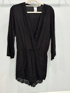La Blanca Black V-Neck Romper with Crochet Trim
